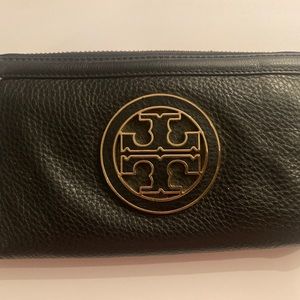 Tory Burch leather logo wallet black zip around .. gold  hardware.
